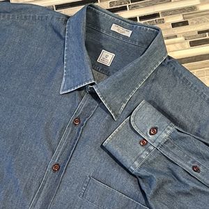 Peter Millar Men Denim Jean Button Up Long Sleeve Cotton Shirt Size 2XL XXL Flaw